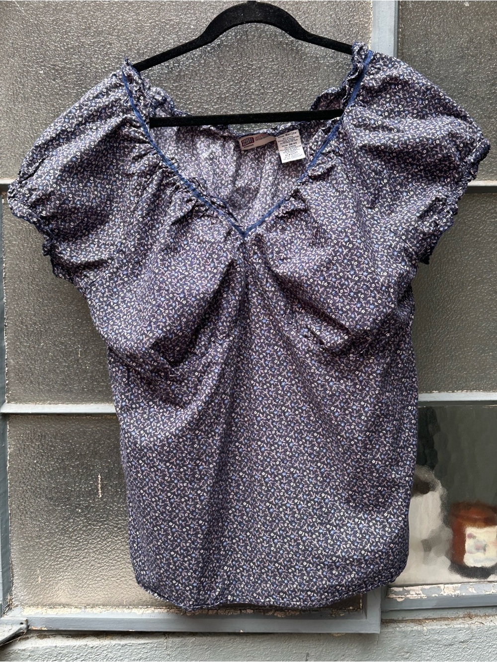 Faded glory Boho Peasant Blouse Top 18W/20 Dark Blue Floral Hippie Puffed Sleeve